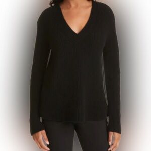 VINCE Women’s  RIB V-NECK WOOL-CASHMERE BLEND SWEATER BLACK SIZE  S/P